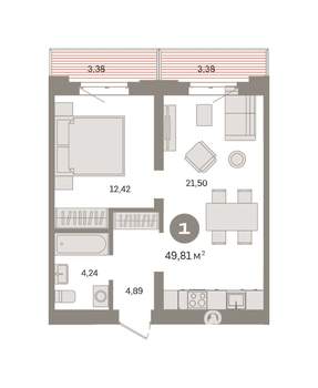 1-к квартира, вторичка, 50м2, 4/8 этаж