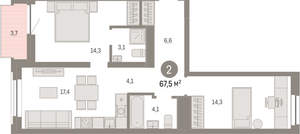 2-к квартира, вторичка, 68м2, 4/10 этаж