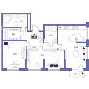 2-к квартира, строящийся дом, 84м2, 9/24 этаж