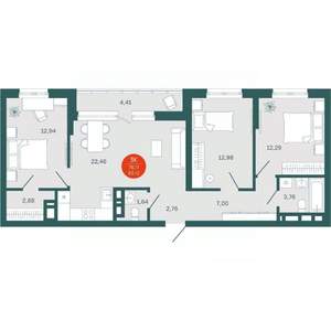 3-к квартира, вторичка, 79м2, 5/19 этаж