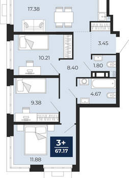 3-к квартира, вторичка, 67м2, 10/24 этаж