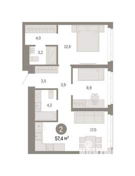 2-к квартира, вторичка, 57м2, 11/25 этаж