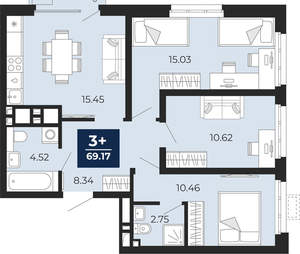 3-к квартира, вторичка, 69м2, 23/24 этаж