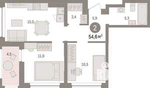 2-к квартира, вторичка, 55м2, 3/8 этаж