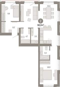 2-к квартира, вторичка, 91м2, 4/11 этаж