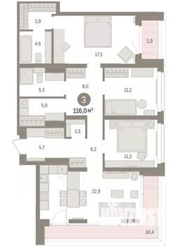 3-к квартира, вторичка, 116м2, 4/16 этаж