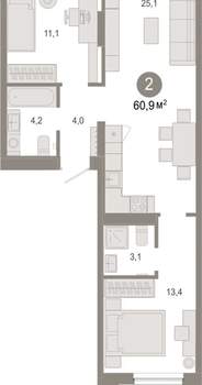 2-к квартира, вторичка, 61м2, 2/17 этаж