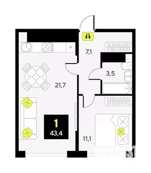 1-к квартира, вторичка, 43м2, 9/9 этаж