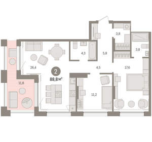 2-к квартира, вторичка, 89м2, 17/17 этаж