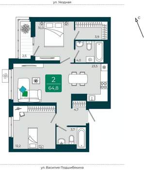 2-к квартира, вторичка, 65м2, 14/16 этаж