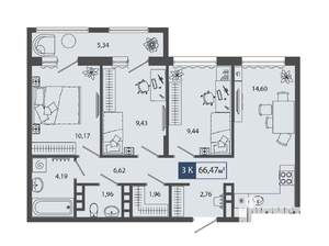 3-к квартира, строящийся дом, 66м2, 3/4 этаж