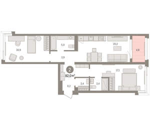 2-к квартира, вторичка, 82м2, 5/16 этаж