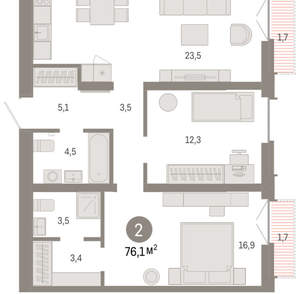 2-к квартира, вторичка, 76м2, 10/16 этаж