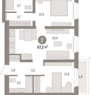 2-к квартира, вторичка, 67м2, 6/16 этаж