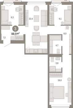 3-к квартира, вторичка, 89м2, 4/16 этаж