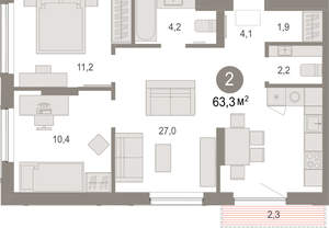 2-к квартира, вторичка, 63м2, 5/17 этаж