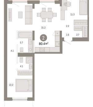 2-к квартира, вторичка, 80м2, 7/8 этаж