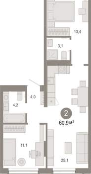 2-к квартира, вторичка, 61м2, 2/17 этаж