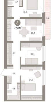 3-к квартира, вторичка, 77м2, 7/16 этаж