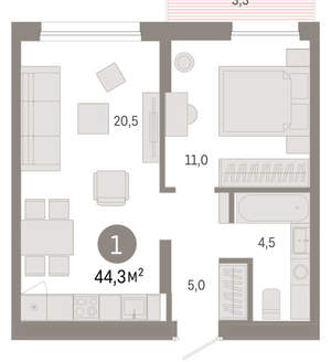 1-к квартира, вторичка, 44м2, 4/17 этаж
