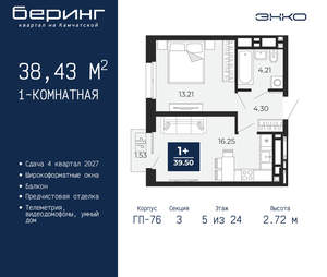 1-к квартира, вторичка, 38м2, 5/24 этаж