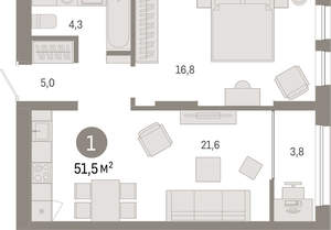 1-к квартира, вторичка, 51м2, 16/17 этаж