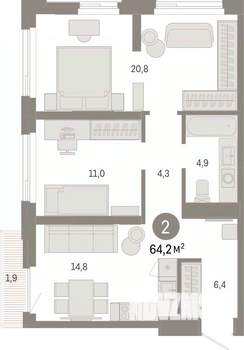 2-к квартира, вторичка, 64м2, 11/25 этаж