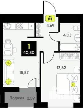 1-к квартира, вторичка, 41м2, 5/14 этаж