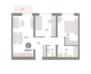 2-к квартира, вторичка, 63м2, 6/10 этаж