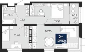 2-к квартира, вторичка, 62м2, 5/14 этаж
