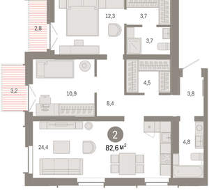 2-к квартира, вторичка, 83м2, 12/16 этаж