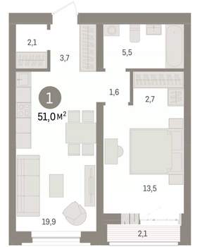 1-к квартира, вторичка, 51м2, 2/10 этаж