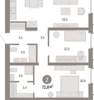 2-к квартира, вторичка, 73м2, 2/16 этаж