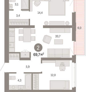 2-к квартира, вторичка, 70м2, 2/25 этаж