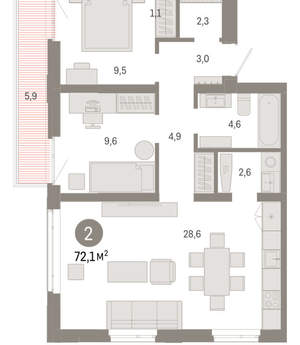 2-к квартира, вторичка, 72м2, 5/25 этаж