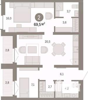 2-к квартира, вторичка, 69м2, 4/16 этаж