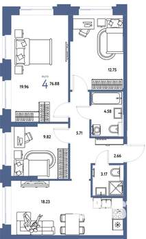 4-к квартира, вторичка, 77м2, 2/25 этаж