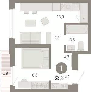 1-к квартира, вторичка, 34м2, 12/25 этаж