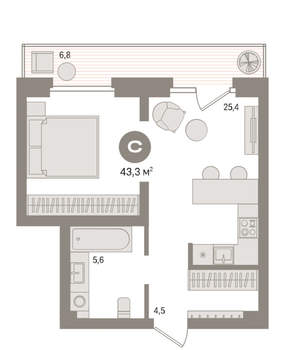 Студия квартира, вторичка, 43м2, 4/9 этаж
