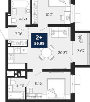 2-к квартира, вторичка, 55м2, 13/24 этаж