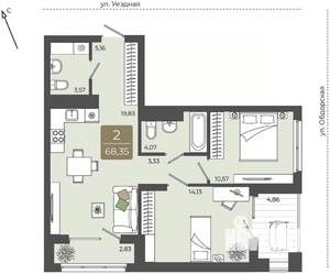 2-к квартира, вторичка, 68м2, 7/15 этаж