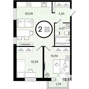 2-к квартира, вторичка, 53м2, 4/4 этаж
