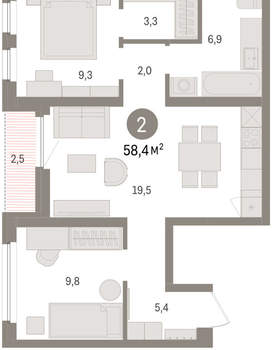 2-к квартира, вторичка, 58м2, 6/16 этаж