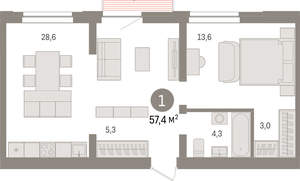 1-к квартира, вторичка, 57м2, 4/10 этаж