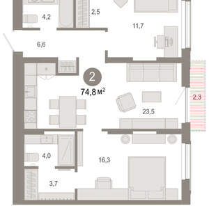 2-к квартира, вторичка, 75м2, 5/17 этаж