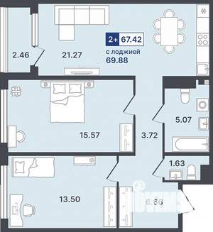 2-к квартира, строящийся дом, 67м2, 4/8 этаж