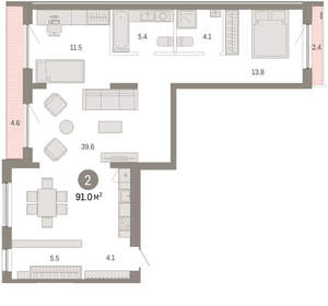 2-к квартира, вторичка, 91м2, 7/8 этаж