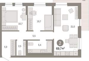 2-к квартира, вторичка, 70м2, 8/17 этаж