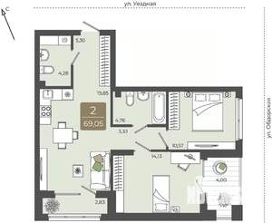 2-к квартира, вторичка, 69м2, 2/15 этаж