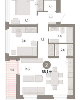 2-к квартира, вторичка, 66м2, 9/25 этаж